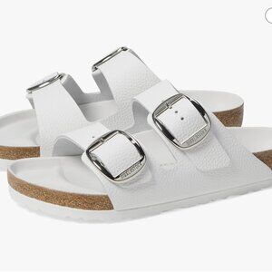 Birkenstock Arizona Big Buckle Slide Sandal in White Leather, Size 39 Narrow